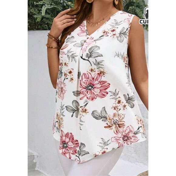 Emory Rose Pleated Tank Top Size XL Sleeveless Blouse Floral  Asymmetrical Light - Picture 3 of 14